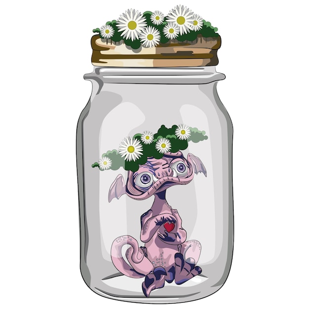 Monster in glass jar with flowers flat vector illustration. Pretty fantastic creature sketch