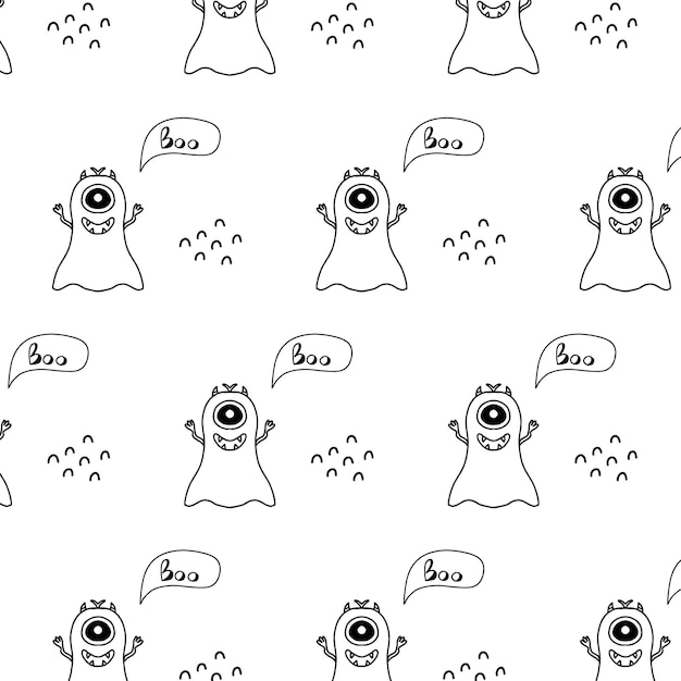 Monster Halloween seamless pattern Cute cartoon characters in simple handdrawn Scandinavian style Vector childish funny doodle illustration Baby clothes textiles fabric wallpaperpaper