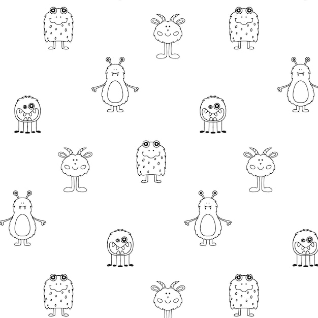 Monster Halloween seamless pattern Cute cartoon characters in simple handdrawn Scandinavian style Vector childish funny doodle illustration Baby clothes textiles fabric wallpaperpaper