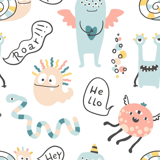 Monster Halloween seamless pattern with lettering Cute cartoon characters in Scandinavian style