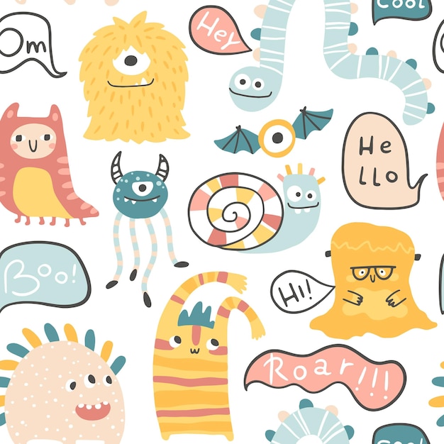 Monster Halloween seamless pattern with lettering Cute cartoon characters in Scandinavian style