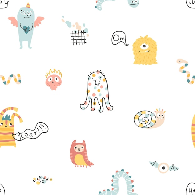 Monster Halloween seamless pattern with lettering Cute cartoon characters in Scandinavian style