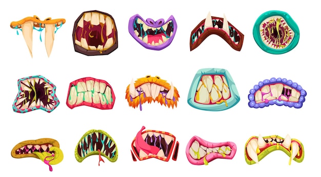 Monster mouth cartoon set of fancy shape isolated elements with fangs and teeth for game design flat vector illustration