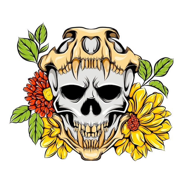 monster skull with the death skull and the bright flowers