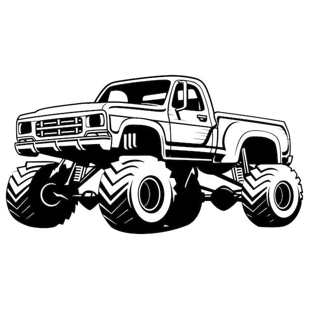 Monster truck vector illustration in black and white