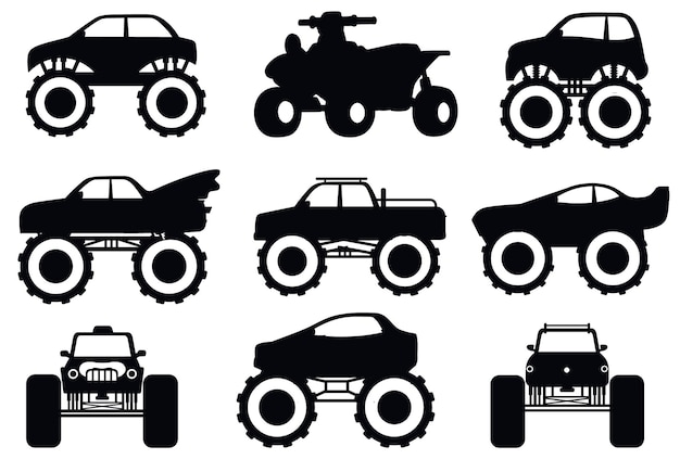 Monster truck vehicle flat children Toy truck with big wheel tires isolated Vector Silhouettes