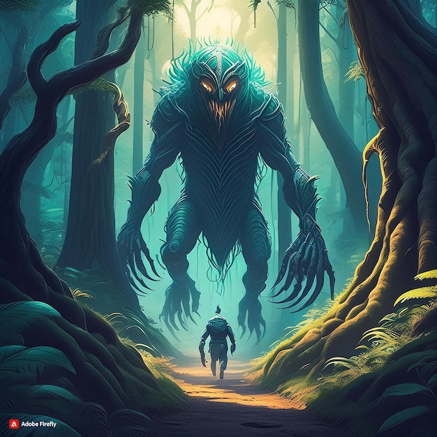 Vector a monster walking in a deep forest