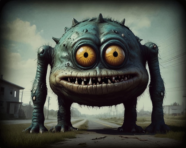 a monster with yellow eyes and a big head is standing in a field