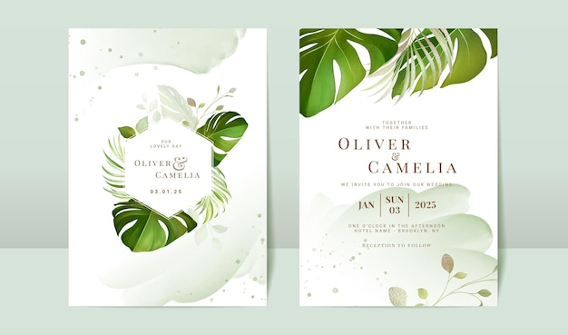 Monstera watercolor wedding invitation card template set