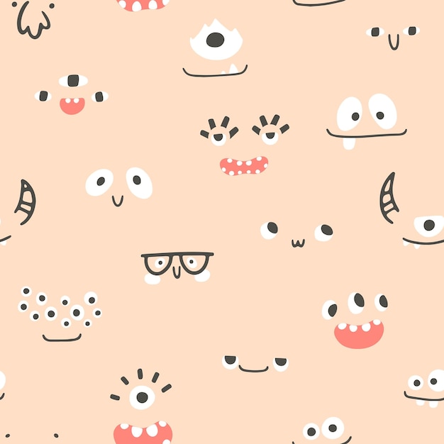 Monsters faces seamless pattern. Many eyes smiles with teeth. Cute cartoon character in simple hand-drawn Scandinavian style. Vector childish doodle illustration. Baby textiles, fabric, digital paper.