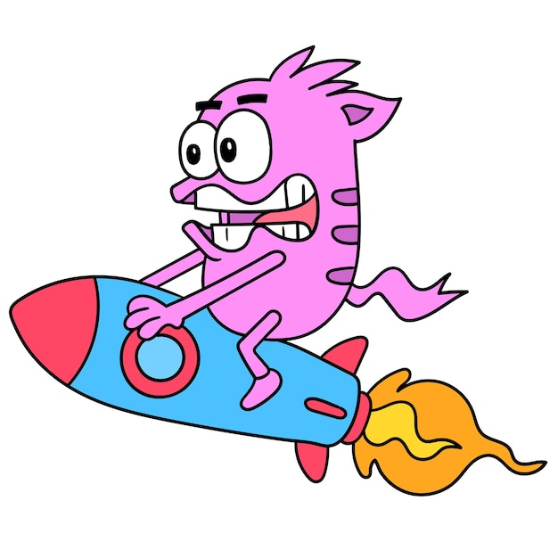 Monsters on rockets glide through space quickly, doodle draw kawaii. illustration art