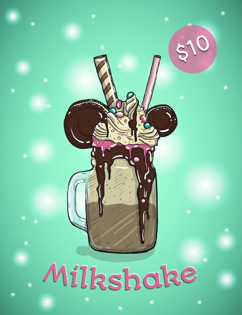 Monstershake In cartoon Style Crazy Milkshake with cookies chocolate ice cream and candys Hand Drawn Creative Dessert Vector illustration