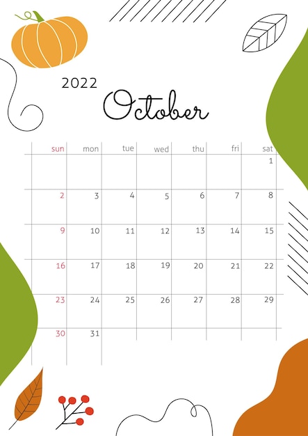 Month October 2022 with abstract elements lines berries leaves and pumpkin Vertical autumn poster with cozy atmosphere Vector illustration Calendar grid with squares for entries