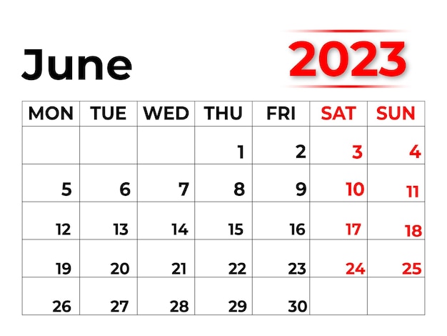 Monthly 2023 calendar for June with very clean look