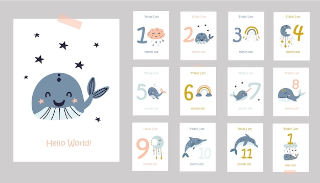 Monthly baby cards with cute whales illustration