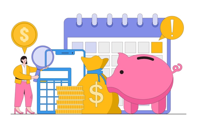 Vector monthly budget planning cost to pay bill or debt savings strategy credit card payment concepts woman manage her money and expense with calculator calendar smartphone magnifier and piggy bank