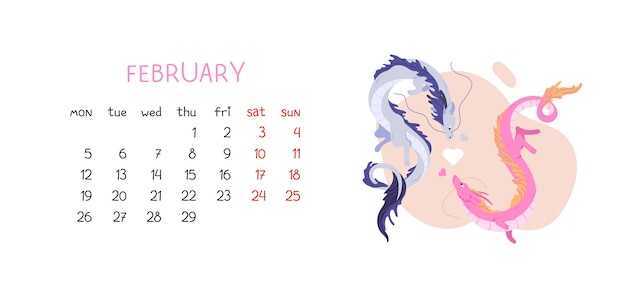 Monthly calendar for february with two cute flat dragon character symbol of new year