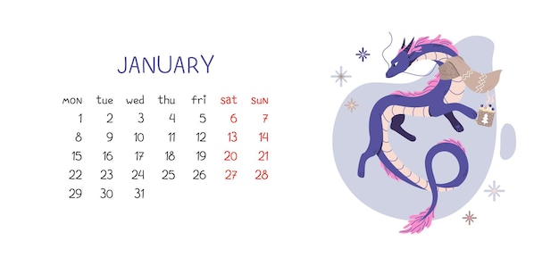 Monthly calendar for new year january with flat dragon character vector isolated