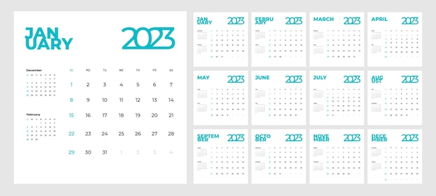 Monthly calendar template for 2023 year. English calendar. Week starts on Sunday.