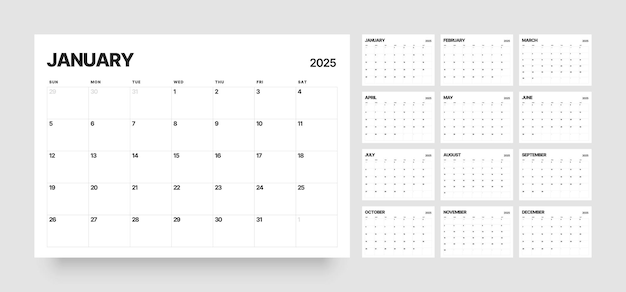 Vector monthly calendar template for year diary planner for year week starts on sunday