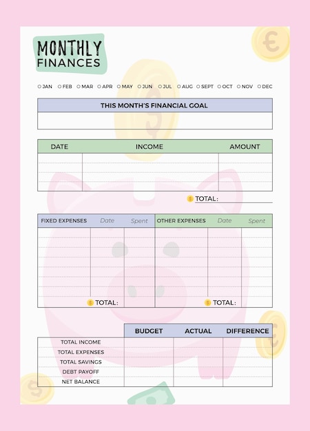 Monthly finance planner template Cute, simple colorful printable business organizer page Paper sheet