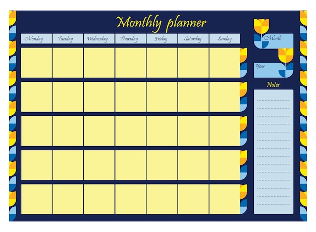 Monthly planner organizer Plan todo list and notes Vector Horizontal template in yellowblue color