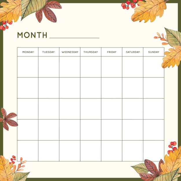 Monthly planner with autumn leaves