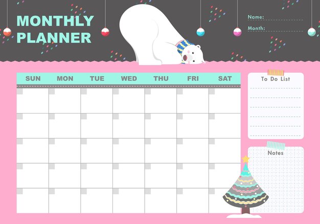 Monthly planner with polar bear and cute elements in flat cartoon style_Schedule template