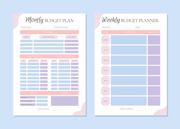 Monthly and weekly budget planner template