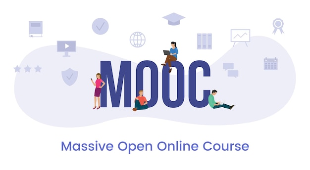 Mooc massive open online course concept with big word or text and team people with modern flat style vector