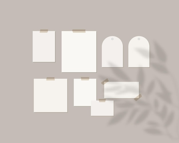 Vector mood board template. empty sheets of white paper on the wall with shadow