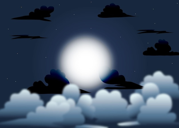 Vector moon background bright moon with clouds and on a night sky background full vector illustration