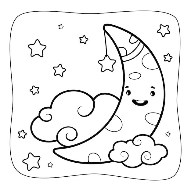 Moon black and white Coloring book or Coloring page for kids Nature background