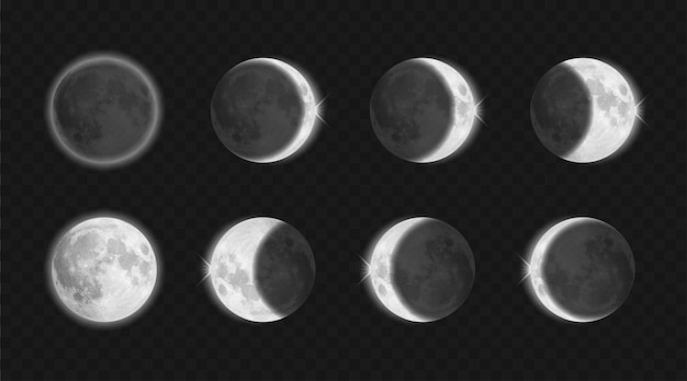 Moon eclipse, different phases astronomy infographic. Lunar eclipse full cycle isolated on transparent background. Vector illustration.