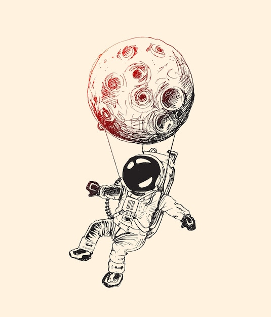 Moon hanging astronauts space mission, Hand Drawn Sketch Vector illustration.