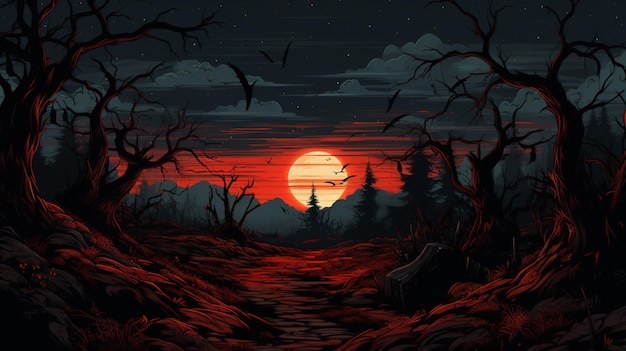 the moon is rising over a field of trees and the moon is red