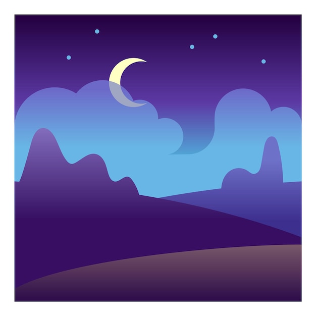 Moon night in countryside. Dark cloud sky. Hill landscape in moonlight. Vector illustration