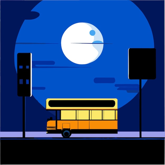 Vector moon night view at a bus stop station illustration