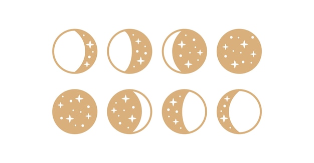 Moon phase linear icons with stars Gold crescent moon astronomic boho logo