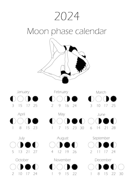 Moon phases calendar 2024 with couple doing yoga