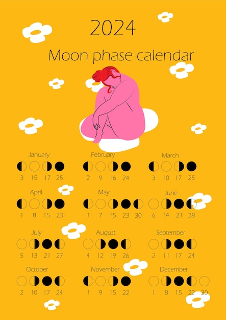 Moon phases calendar 2024 with Naked woman body in bright color Abstract female silhouette