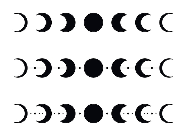 Moon phases silhouettes with stars. Black crescent icons. Night space astronomy. Lunar eclipse. Vector illustration isolated on a white background.