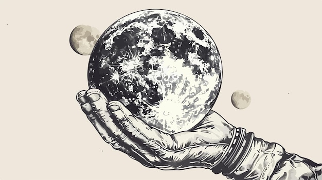 Vector moon planet in spaceman hand mixed media handdrawn v