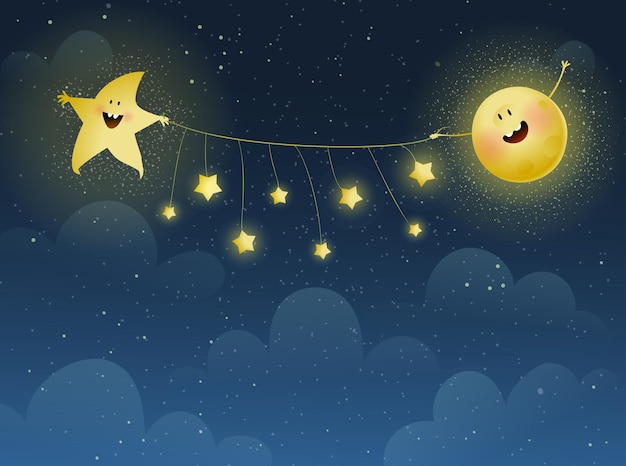 Moon and Star holding garland of stars at dark cosmos sky Stars at night cute moon kids wallpaper design Dark blue cosmos scene with clouds and star at night Vector design in watercolor style