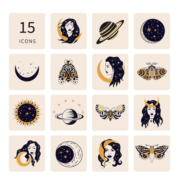 Moon and Star Illustrated 15 Icons In One Template