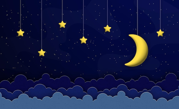 Moon and stars hanging on strings in night sky Vector illustration in 3d cartoon and paper cut style