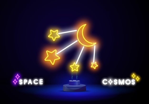 Moon and stars neon light icon night glowing sign bedtime vector isolated illustration