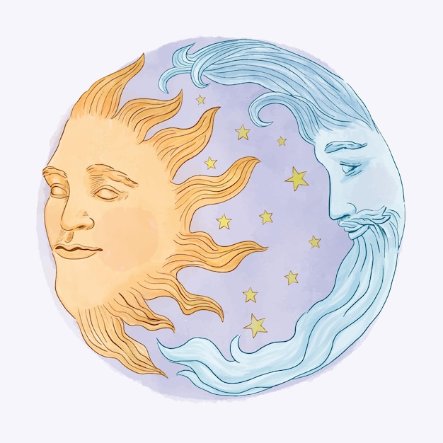 Moon and Sun together. Vector illustration in retro style