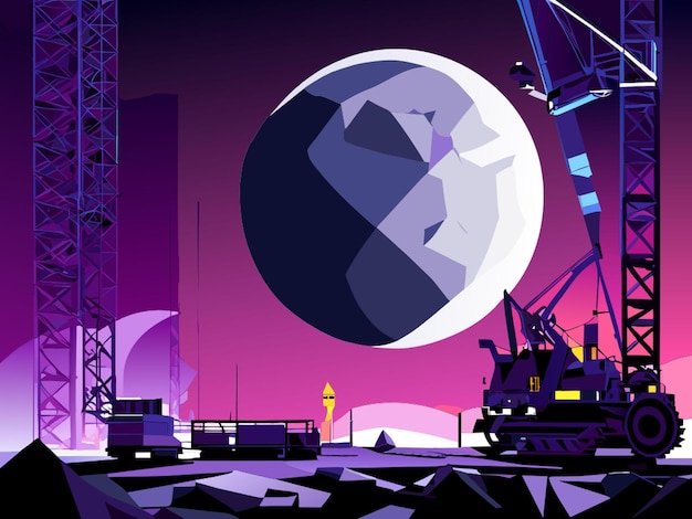 Vector moon surface horizon stars on black sky construction site futuristic cranes futuristic