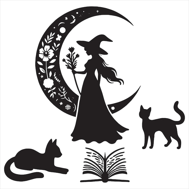 Vector moon witch and the cat svg